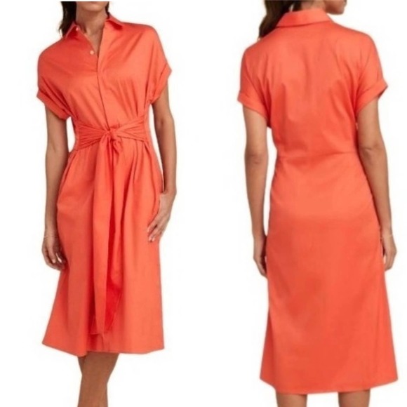 UNTUCKit Dresses & Skirts - Untuckit Dress Womens 2 Coral Orange Sage Button Up Tie Waist Midi Collared